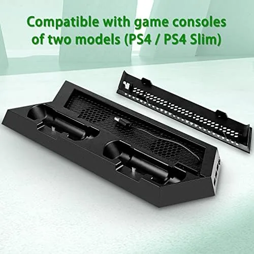 Controllers charging in the OSTENT stand dock while the console runs