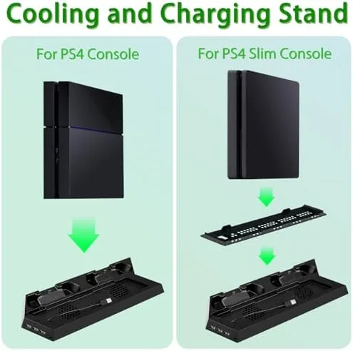 A tidy gaming shelf setup with the PS4 in the OSTENT stand and accessories nearby