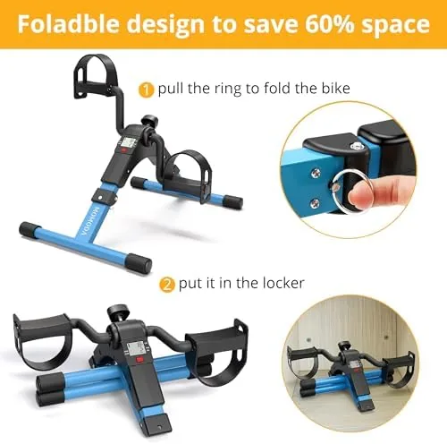 A person pedaling the exerciser while working at a desk