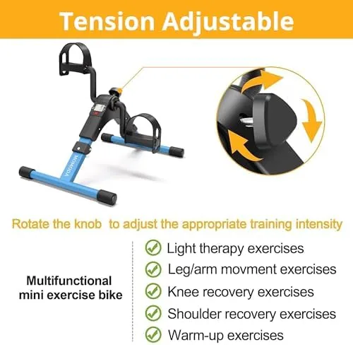 Pedal exerciser folded flat next to a larger stationary cycle for comparison