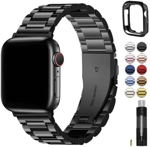 The Fullmosa stainless steel band and case fitted to an Apple Watch on a desk