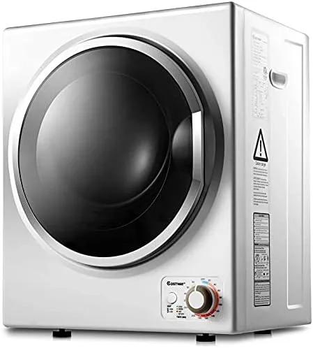 The COSTWAY compact laundry dryer standing in a small laundry corner in white