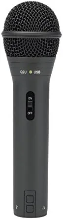 Samson Q2U microphone on its desktop stand with the pop filter visible
