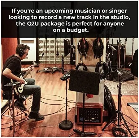 A creator recording a video voiceover in a home office with the Q2U on a desk arm