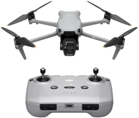 The DJI Air 3S drone unfolded on a table with its dual camera array visible