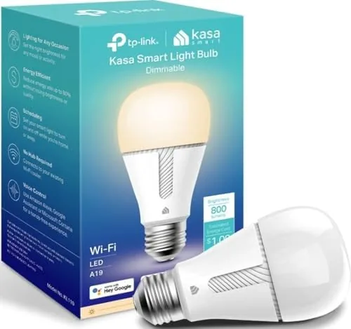 The Kasa Smart Light Bulb KL110 glowing in a desk lamp