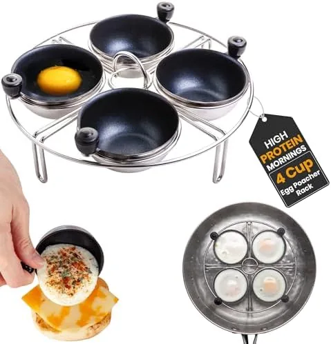 The stainless steel egg poacher insert sitting in a skillet with four cups