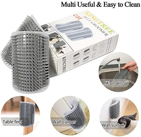 Kingtree corner brush mounted on a wall beside a handheld cat grooming brush