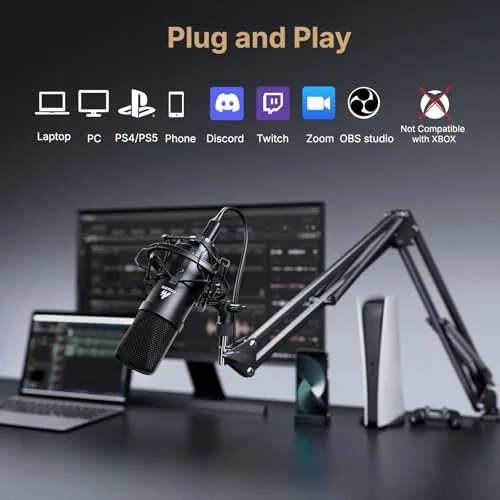 A home studio desk setup with the MAONO A04 and headphones