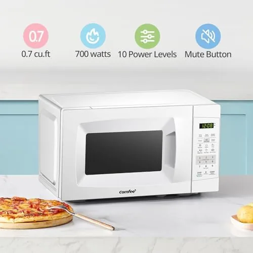 Close up of the COMFEE microwave control panel with one touch buttons and display