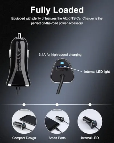 Detail shot of the USB-C Car Charger, 3.4A USB Type C Car Charger Adapter features
