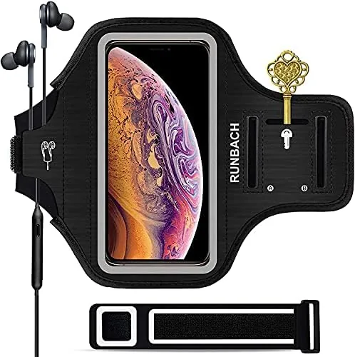Black running armband holding an iPhone Pro Max on an upper arm