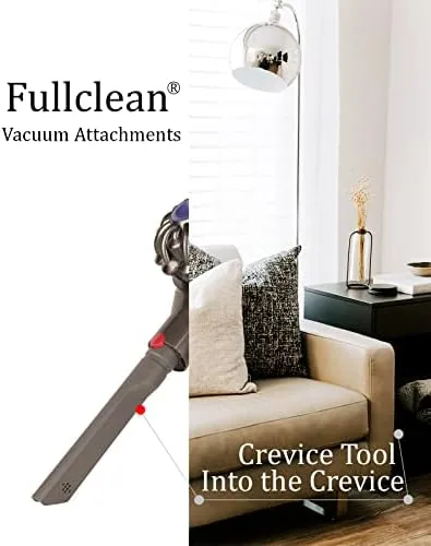 Crevice tool stored alongside a Dyson cordless vacuum and accessories
