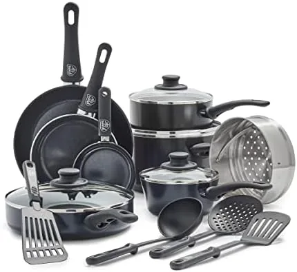GreenLife 16 piece ceramic nonstick cookware set arranged on a counter