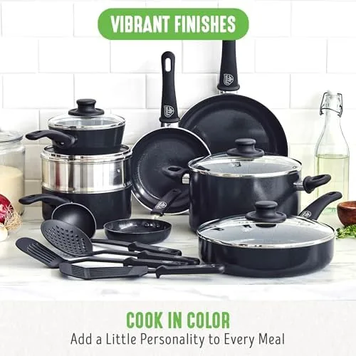 Complete GreenLife cookware set arranged with lids on a stovetop