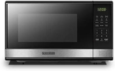 BLACK+DECKER 1.1 cu ft stainless steel countertop microwave on a kitchen counter