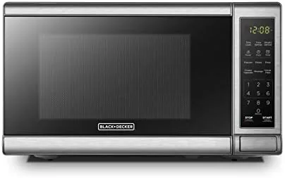 BLACK+DECKER 0.7 cu ft stainless steel microwave on a compact counter