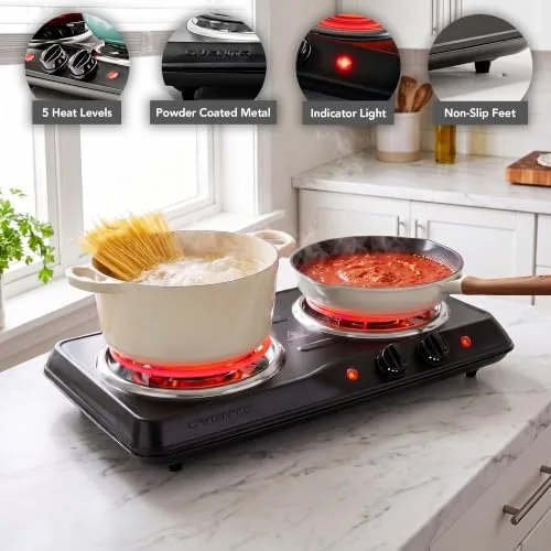 Close look at the OVENTE Electric Double Burner, 1700W Coil Hot Plate, Black BGC102B build quality