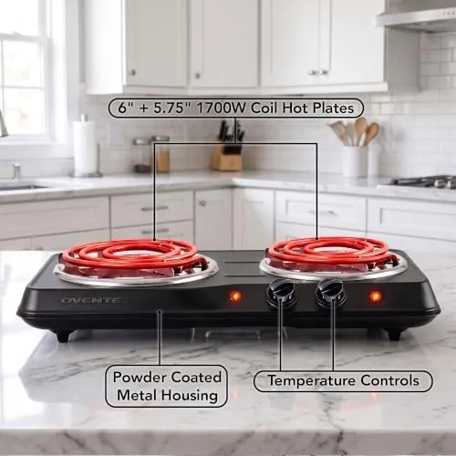 The OVENTE Electric Double Burner, 1700W Coil Hot Plate, Black BGC102B in real use