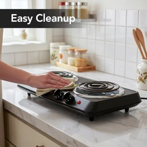 Another view of the OVENTE Electric Double Burner, 1700W Coil Hot Plate, Black BGC102B