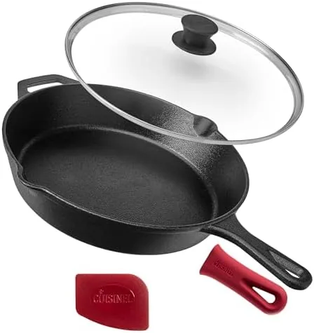 Cuisinel 12 inch cast iron skillet with glass lid on a kitchen stovetop