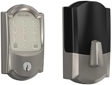Schlage Encode Century smart deadbolt in satin nickel on a front door