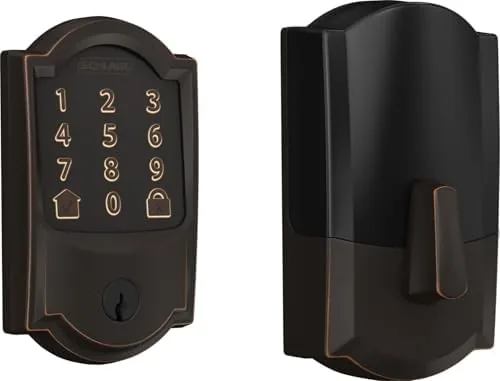 Schlage Encode smart WiFi deadbolt in aged bronze on a front door