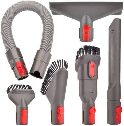 Compatible attachment kit laid out with brushes and tools for Dyson vacuums