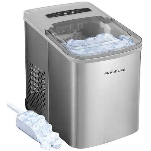 Frigidaire portable ice maker on a kitchen counter in stainless steel