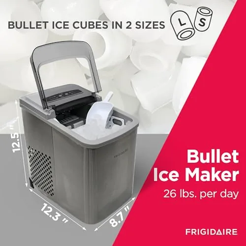 Bullet shaped ice cubes collecting in the Frigidaire ice maker basket