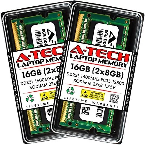 Pair of A-Tech 8GB DDR3L SODIMM memory modules on a desk