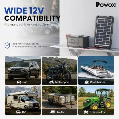 The POWOXI 7.5W 12V Solar Battery Charger Trickle Maintainer Kit for compared in context