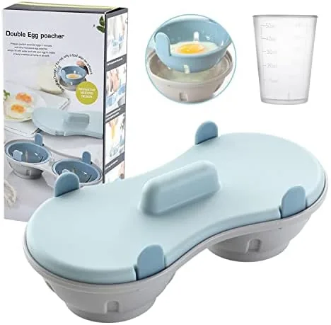 Microwave egg poacher cup with measure cup on a kitchen counter