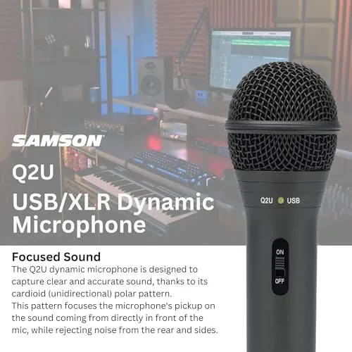 Desktop boom arm and shock mount holding the SAMSON Q2U at mouth level