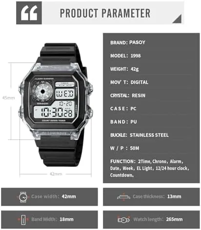 Testing the PASOY Men's Digital Sport Watch Waterproof Dual Time Stopwatch Countdown over two weeks