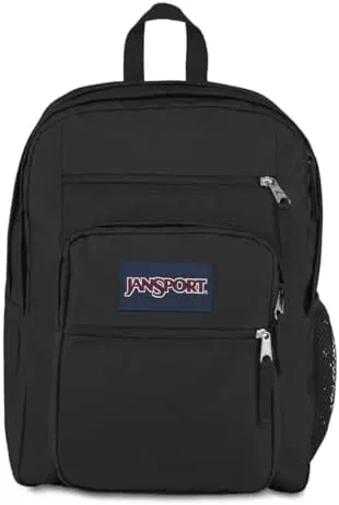 JanSport black laptop backpack standing upright showing the two compartments