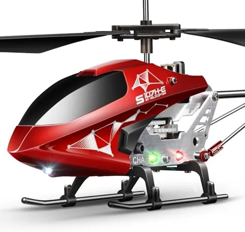 The red SYMA S107H-E helicopter hovering indoors