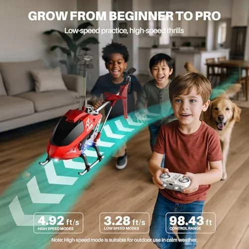 A child piloting the helicopter across a living room