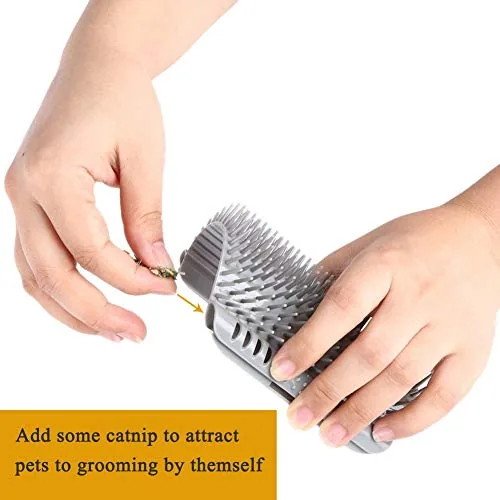 Two cats each using their own corner groomer brush