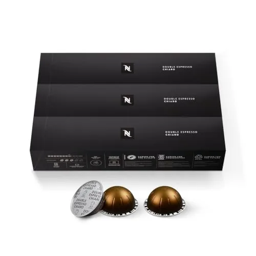 A close up of the Nespresso Chiaro capsule showing the aluminum dome and barcode