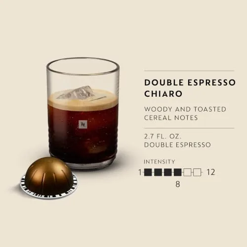 A freshly brewed double espresso in a clear glass showing the crema layer