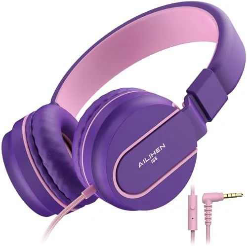 Front view of the pink and purple kids headphones on a desk