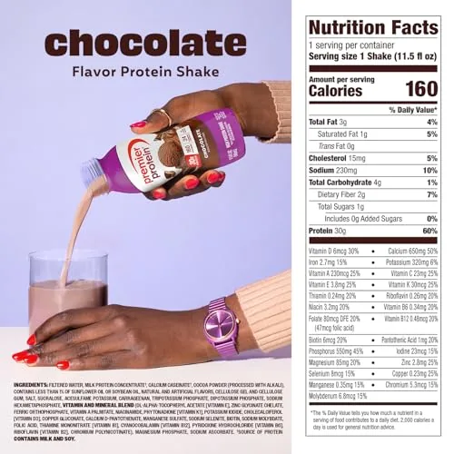 A close up of a Premier Protein chocolate shake bottle showing the label