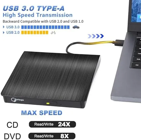 Close-up of the USB-A plug and the front tray of the drive