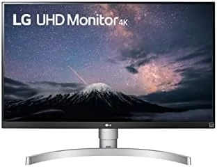 Front view of the white LG 27UL650-W monitor on a desk