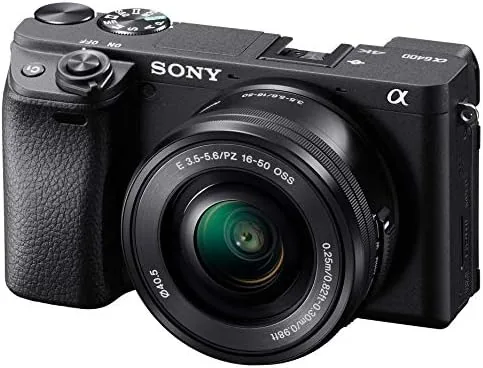 The Sony Alpha a6400 camera with the 16-50mm lens attached