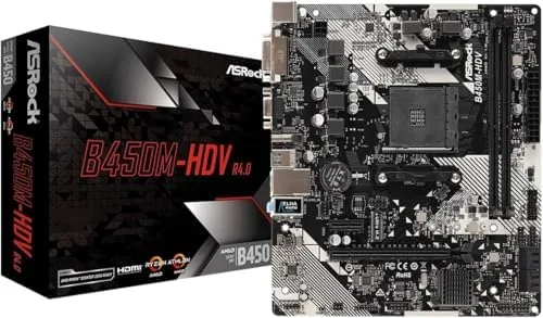 The B450M-HDV R4.0 micro ATX motherboard laid out on an anti-static surface