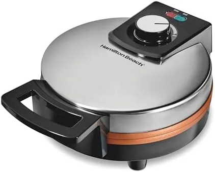 The Hamilton Beach Belgian waffle maker with a waffle in the open plates