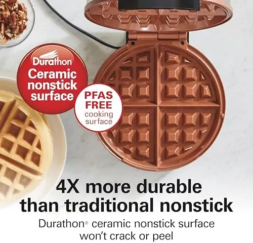 The Hamilton Beach waffle maker beside a mini waffle iron for comparison