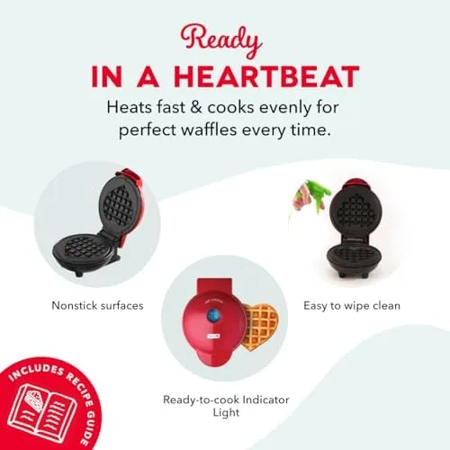 The heart-shaped Dash mini iron next to a round mini waffle maker